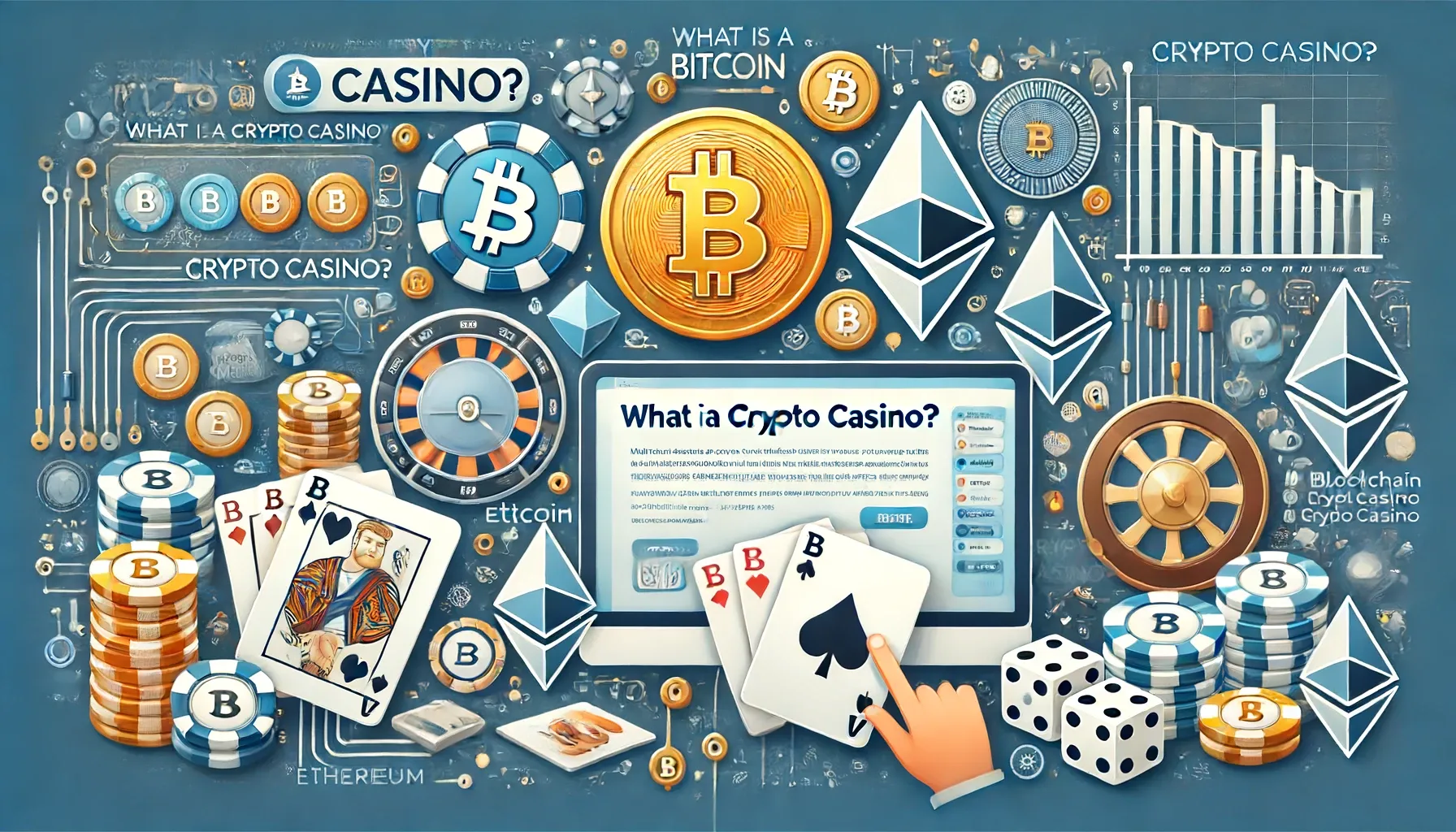 Crypto casino concept with Bitcoin and Ethereum symbols, blockchain technology background.